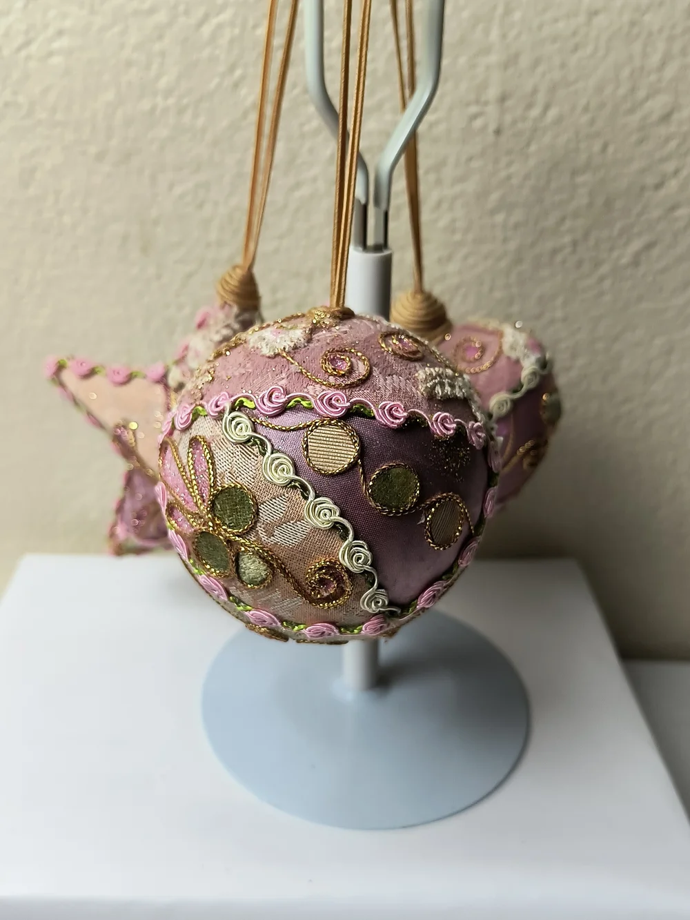 Decorative Pink and Gold Holiday Ornament Trio - Star, Heart & Ball